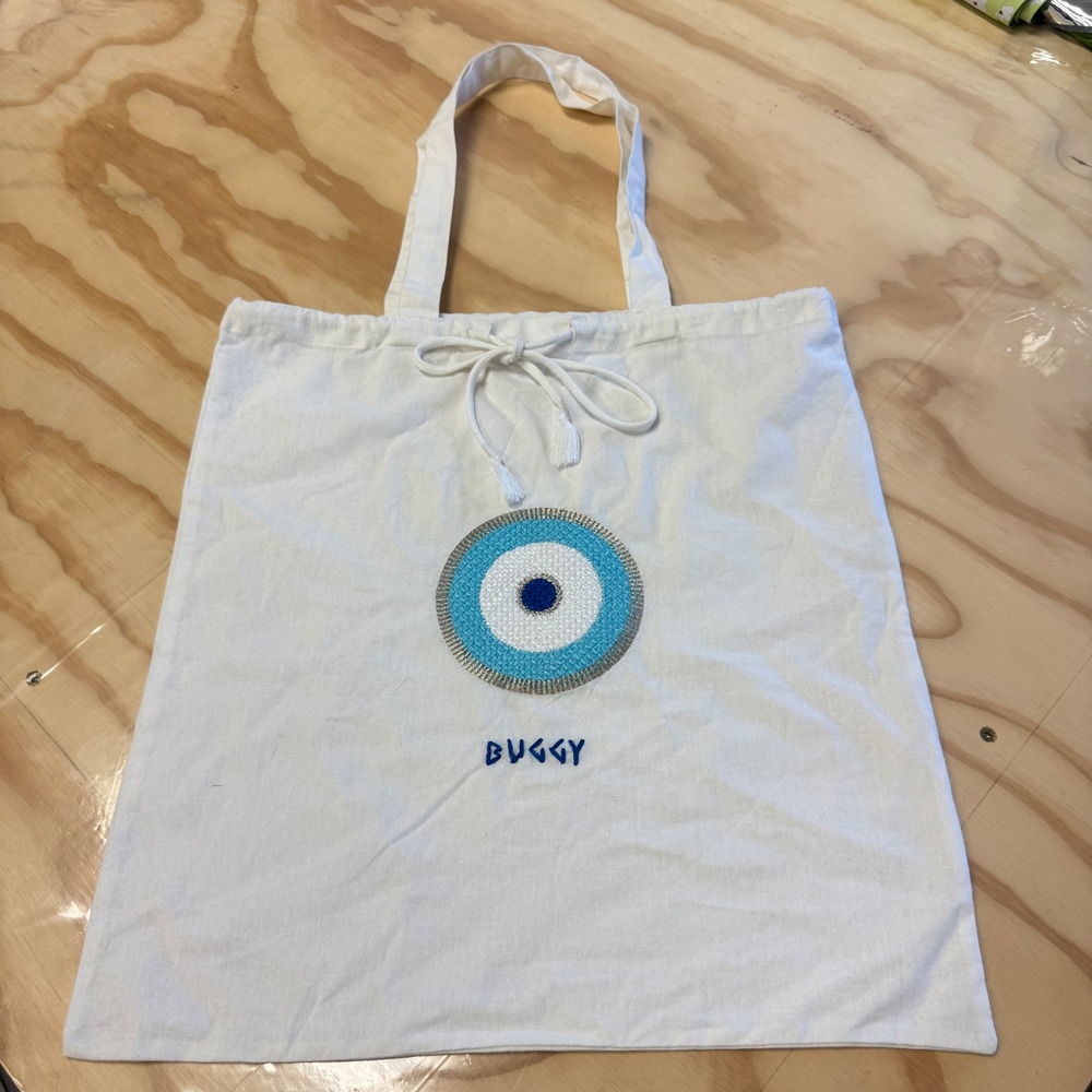 Buggy Cotton Tote Bag Embroidered Evil Eye Drawstring Tassel Blue Silver White